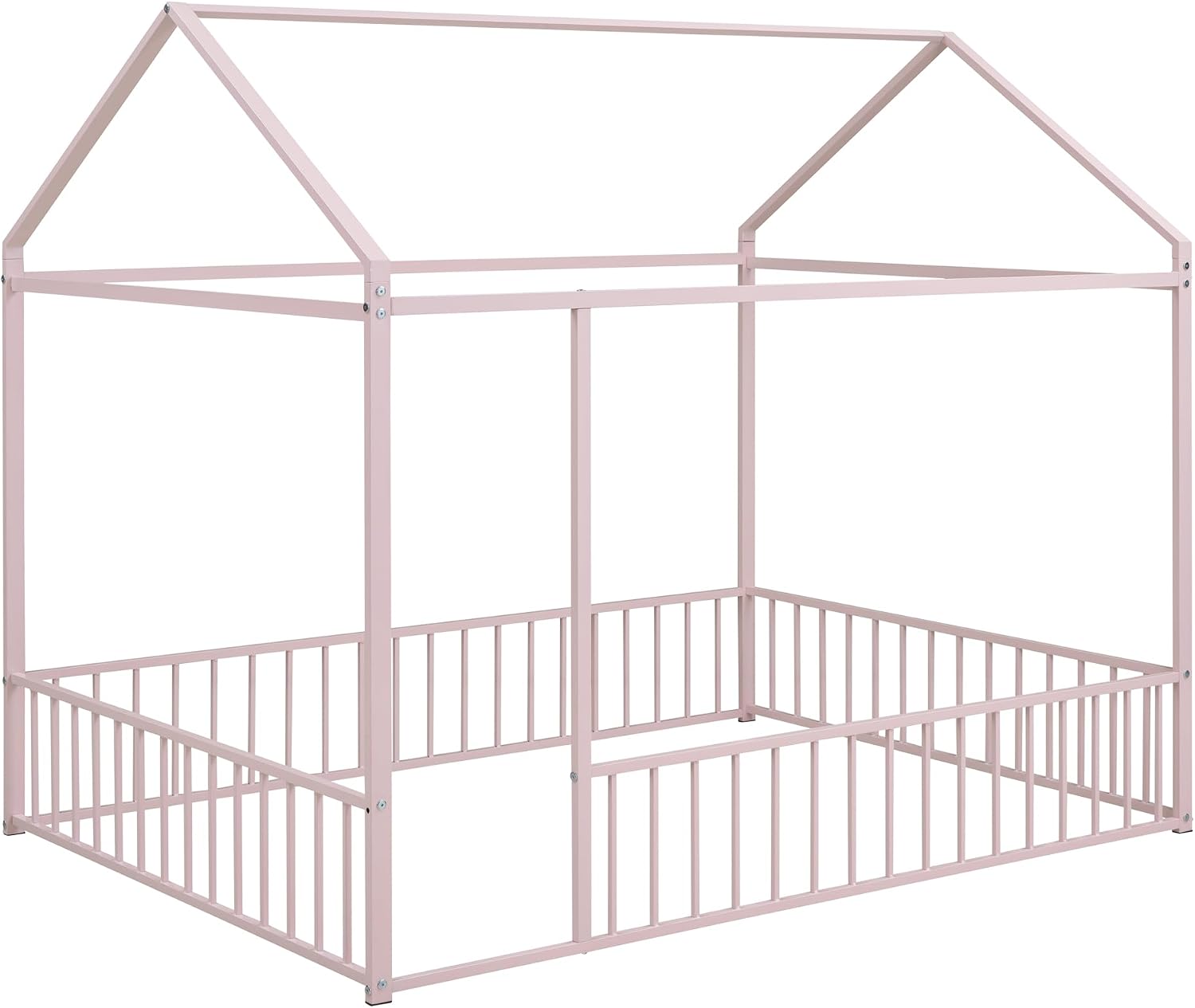 Bellemave Full Size House Floor Montessori Bedframe with Rails and roof, Metal House Bed for Kids, Montessori Floor Beds for Kids White
