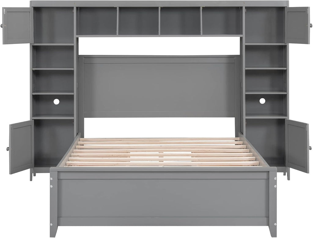 Harper & Bright Designs Full Size Wood Bed Frame with Bookcase Headboard,Open Shelves,4 Drawers and Cabinet,Space Saving Storage Platform Bed for Kids Teens Adults,No Box Spring Needed,Gray