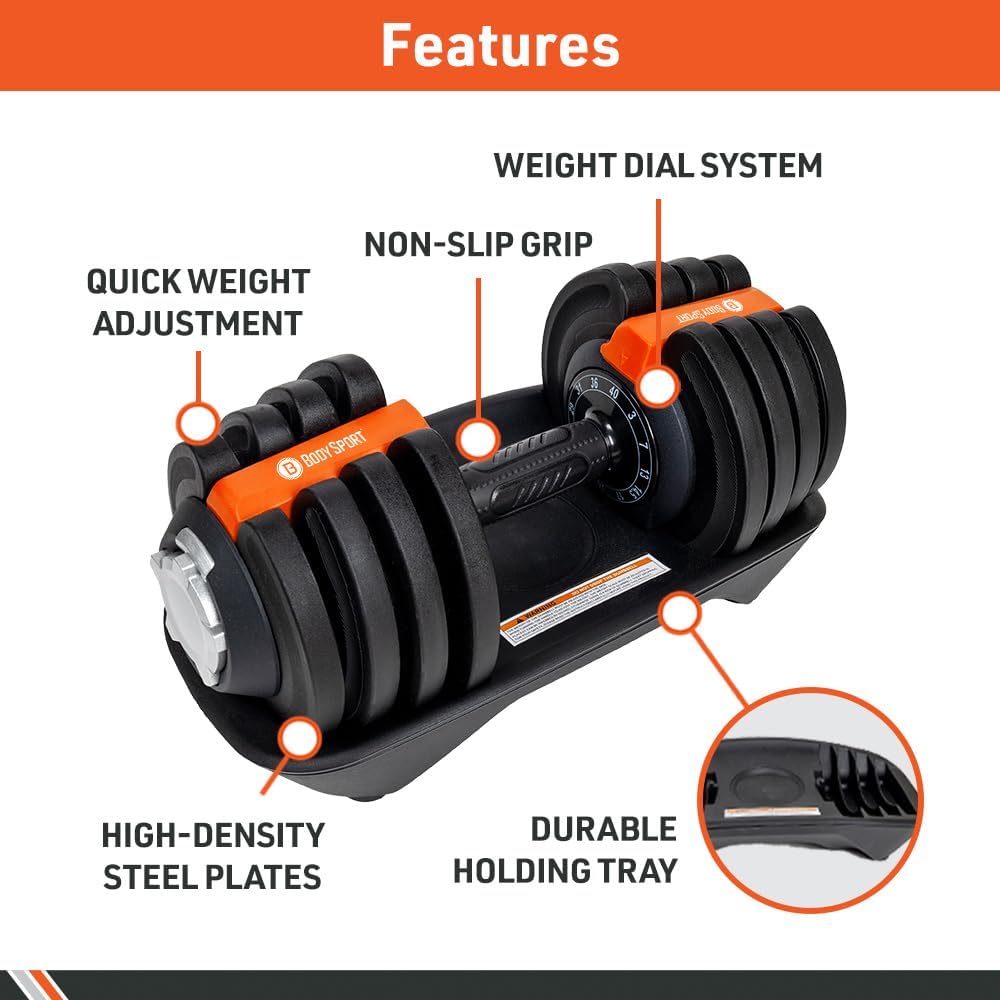 BodySport 40 Pound Adjustable Dumbbells – Includes 12 Free Weights, Ranging from 3 to 40 Pounds, Ideal for Home Gym Workouts and Weight Training