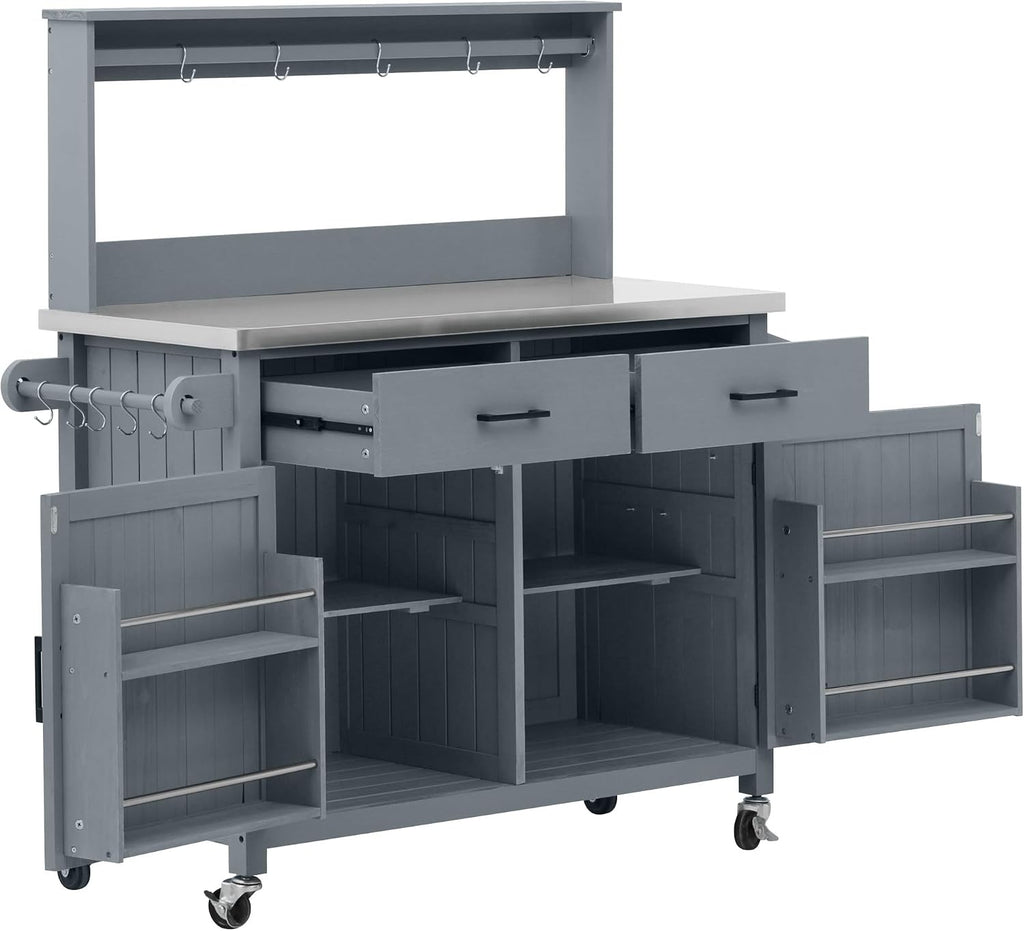 54.1' Outdoor Kitchen Island with High Shelf – Large Potting Bench Table Featuring Stainless Steel Top, Solid Wood Grill Cart, Lockable Wheels & Smart Storage for BBQ, Garden(Grey Blue)