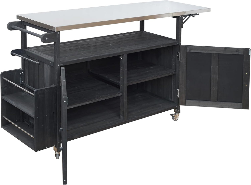 60.6' Outdoor Kitchen Island with Storage Cabinet, Solid Wood Grill Table Cart with Foldable Stainless Steel Top, Wheels and Adjustable Shelves, Outdoor Cooking Table for BBQ, Food Prep, Black