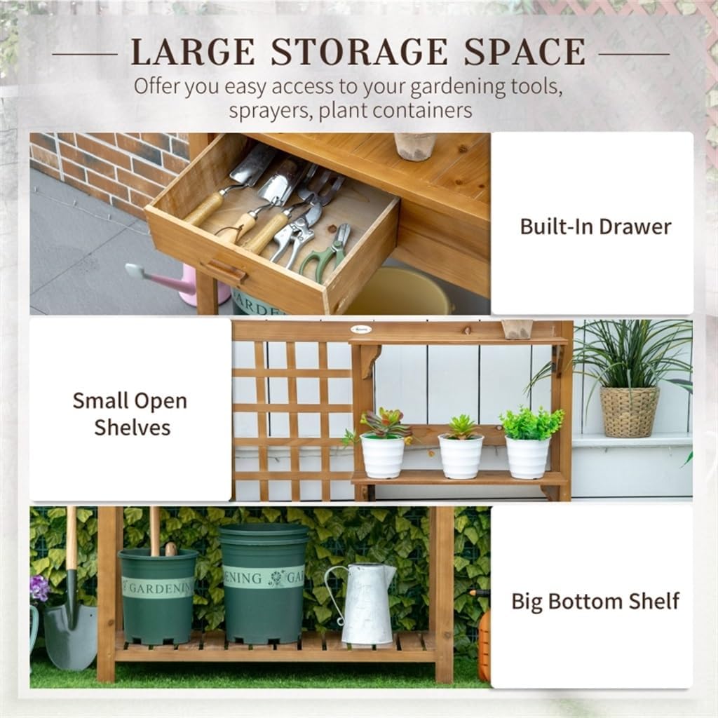 Potting Garden Work Bench, Outdoor Wooden Workstation with Tiers of Shelves and Drawer for Patio, Courtyards