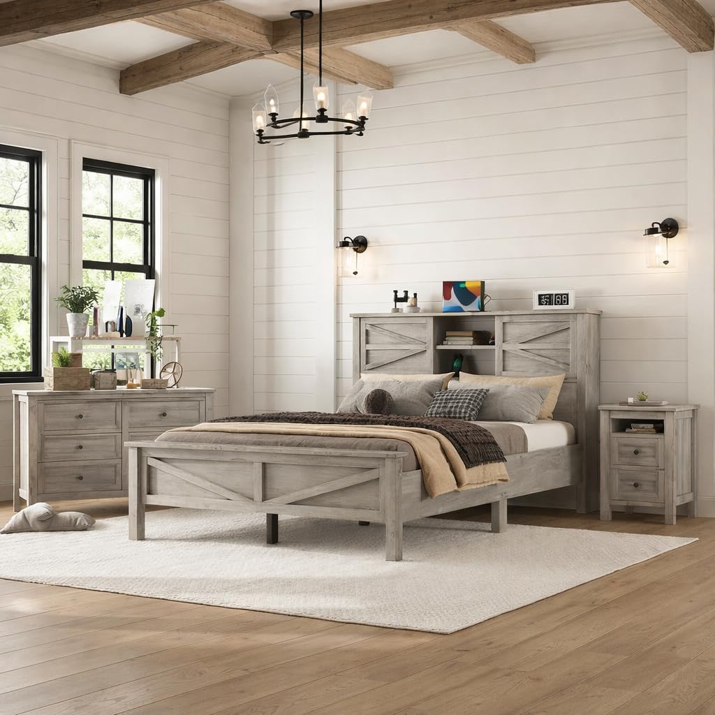Farmhouse Bedroom Set 3 Pieces, Full Size Wood Platform Bed Frame, Nightstand and Dressing Table, Full Bedframe with Double Sliding Door Headboard and Charging Station (Antique Gray, Full)