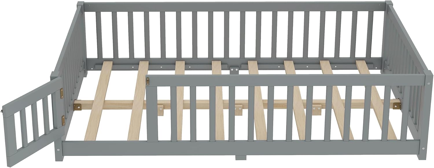 Full Size Floor Bed with Door and Fence for Kids, Montessori Floor Bed with Slats and Safety Guardrails,Solid Wood Floor Bed Frame Full Size for Girls Boys(Full,Gray)