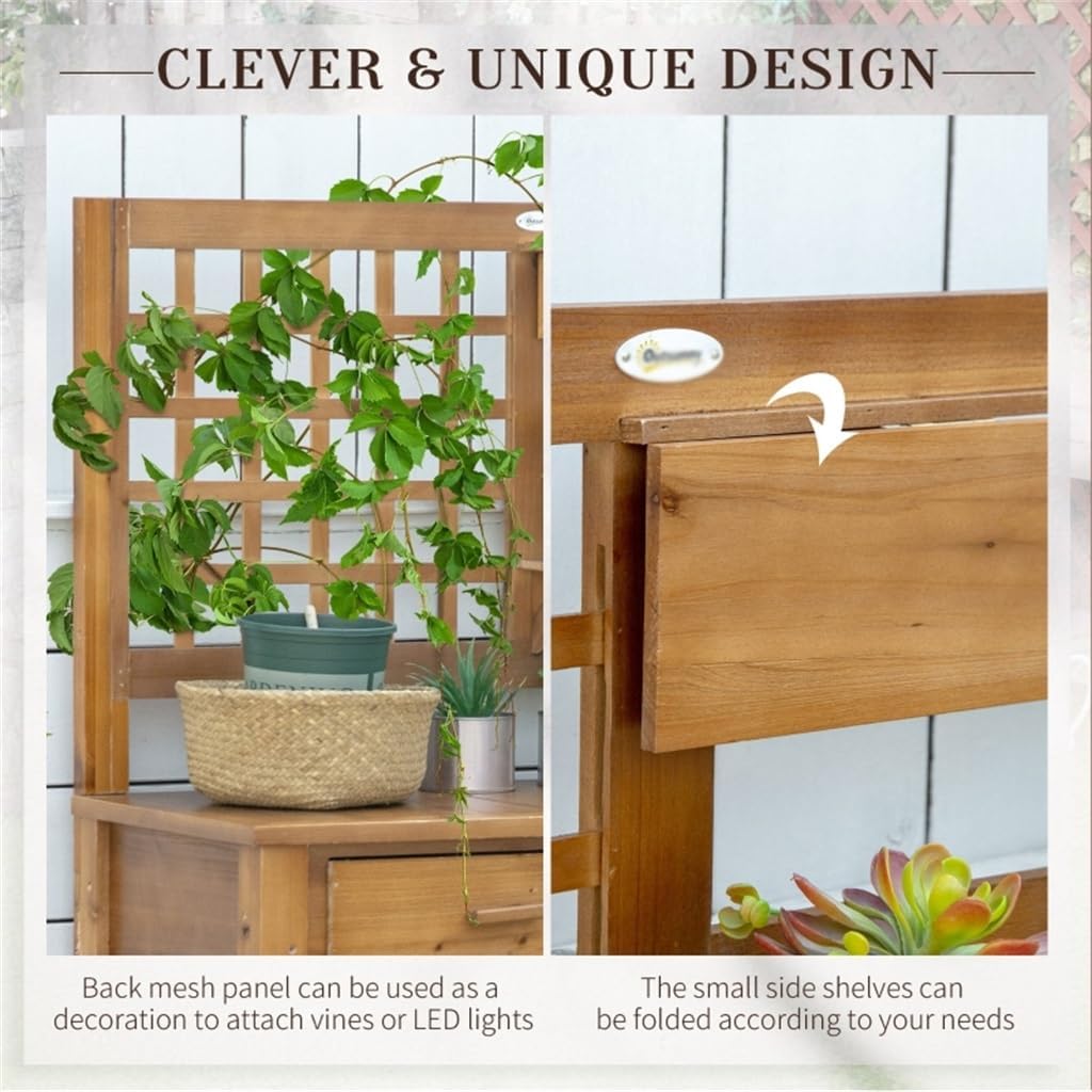 Potting Garden Work Bench, Outdoor Wooden Workstation with Tiers of Shelves and Drawer for Patio, Courtyards