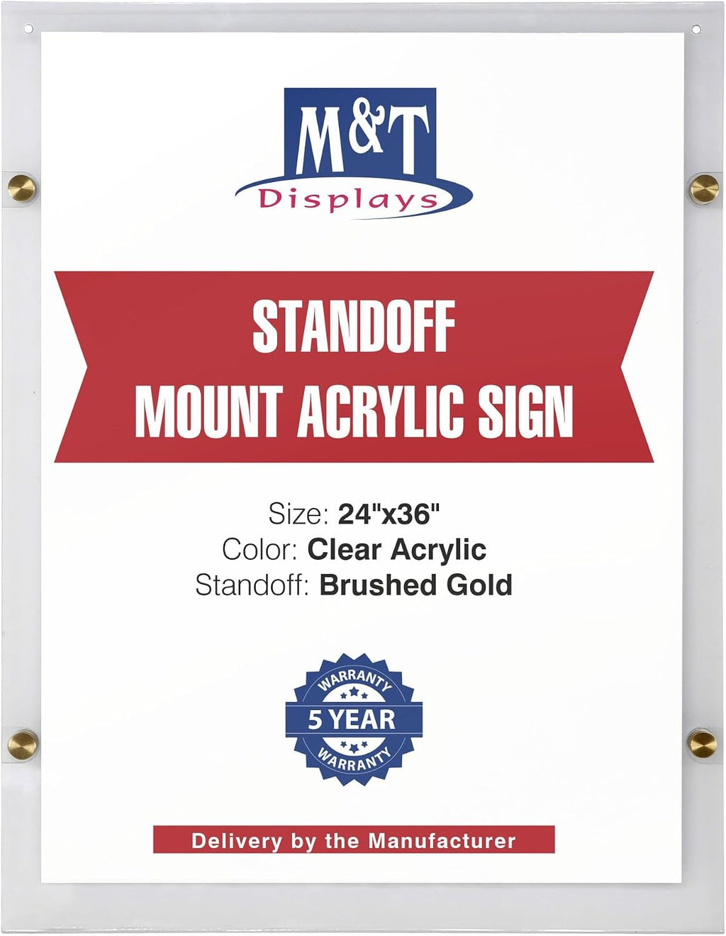 M&T Displays Wall Mounting 24x36 Inch Frameless Clear Acrylic Picture Sign Holder with Brushed Gold Standoff Hardware for Photo Certificate Diploma for Office Classroom Hospital Restaurant Cafe