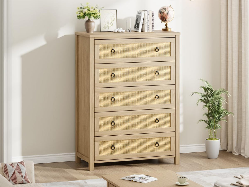 IDEALHOUSE Rattan Dresser for Bedroom with 5 Drawers, 45'' Tall Chest of Large Drawers with Large Clothes Storage Cabinet, Wood Bedroom Dresser, TV Stand for Nursery, Living Room, Enterway