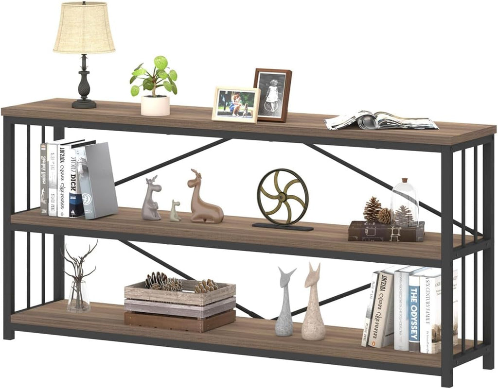 IBF Industrial 3 Tier Bookshelf, Rustic Low Wood and Metal Book Shelf, Farmhouse Long Wide Open Horizontal Bookcase, Modern Large Vintage Etagere for Home Office Bedroom Living Room, Rustic Oak, 63 In