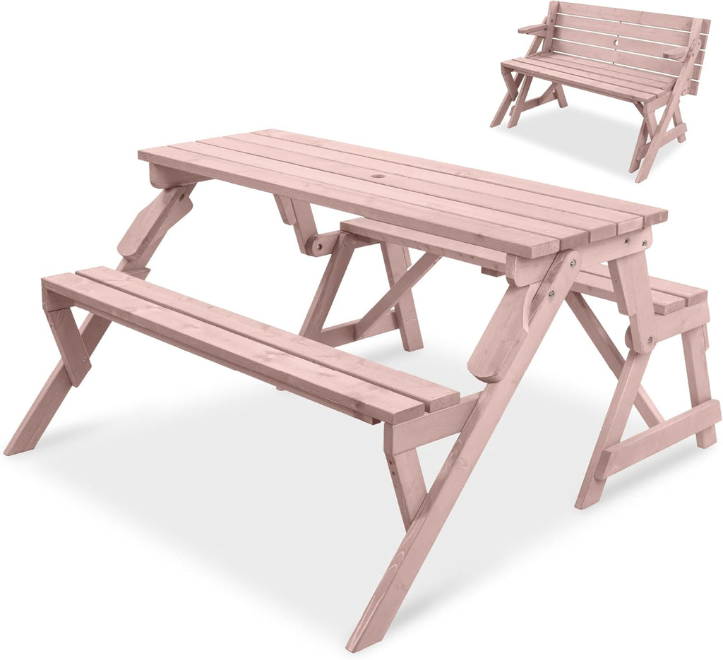 Best Choice Products 2-in-1 Transforming Interchangeable Outdoor Wooden Picnic Table Garden Bench for Backyard, Porch, Patio, Deck w/Umbrella Hole - Pink