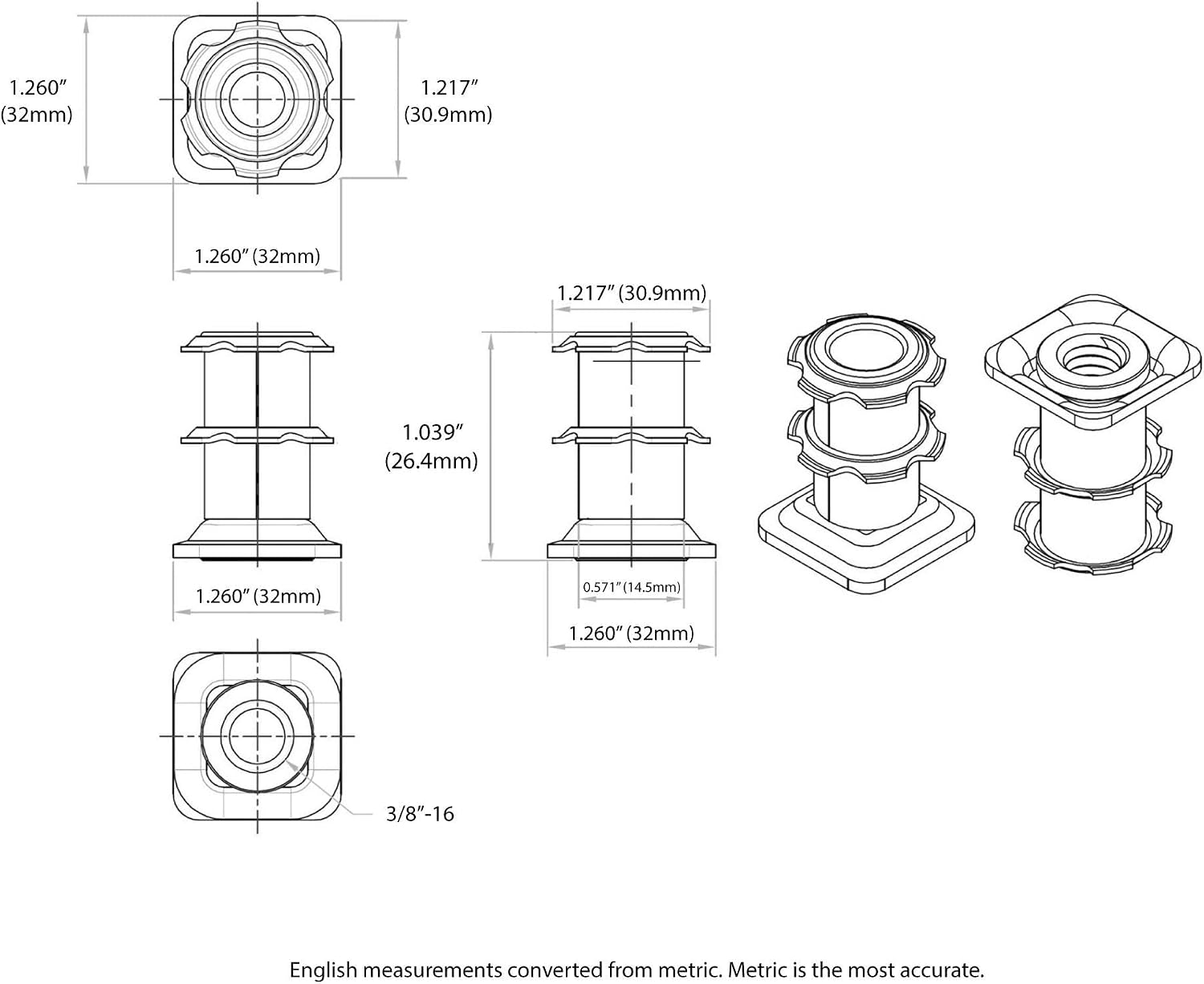 Outwater Industries Double Star Threaded Caster Insert | Heat Treated Steel | Fits 1-1/4 Inch Square 16-18 Gauge Tube | Thread: 3/8-16 | 100 Pack