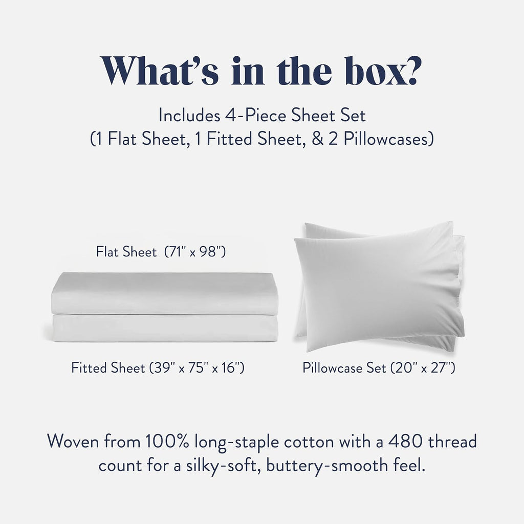 Brooklinen Luxury Sateen 4 Piece Sheet Set - 100% Cotton Bed Sheets, Soft & Durable for Twin Sheets Set in White, Oeko-TEX Certified Bedding Set, 1 Fitted Sheet, 1 Flat Sheet, 2 Pillowcases