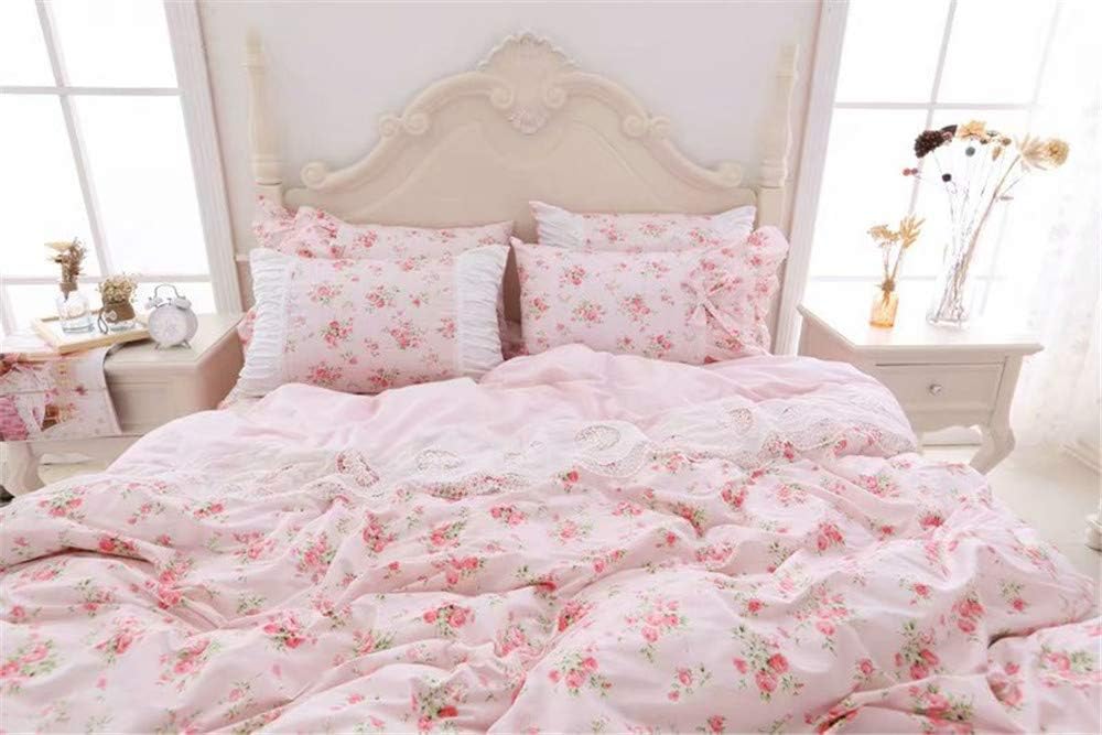 LELVA Romantic Rose Flower Print Bedding for Girls Duvet Cover Set with Bed Skirt Pink Lace Ruffle Floral Shabby Bedding Sets Full 4 Piece