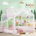 Bellemave Full Size House Floor Montessori Bedframe with Rails and roof, Metal House Bed for Kids, Montessori Floor Beds for Kids White