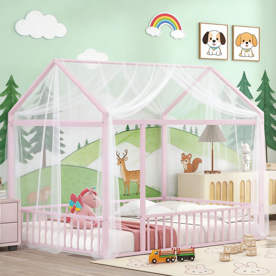 Bellemave Full Size House Floor Montessori Bedframe with Rails and roof, Metal House Bed for Kids, Montessori Floor Beds for Kids White