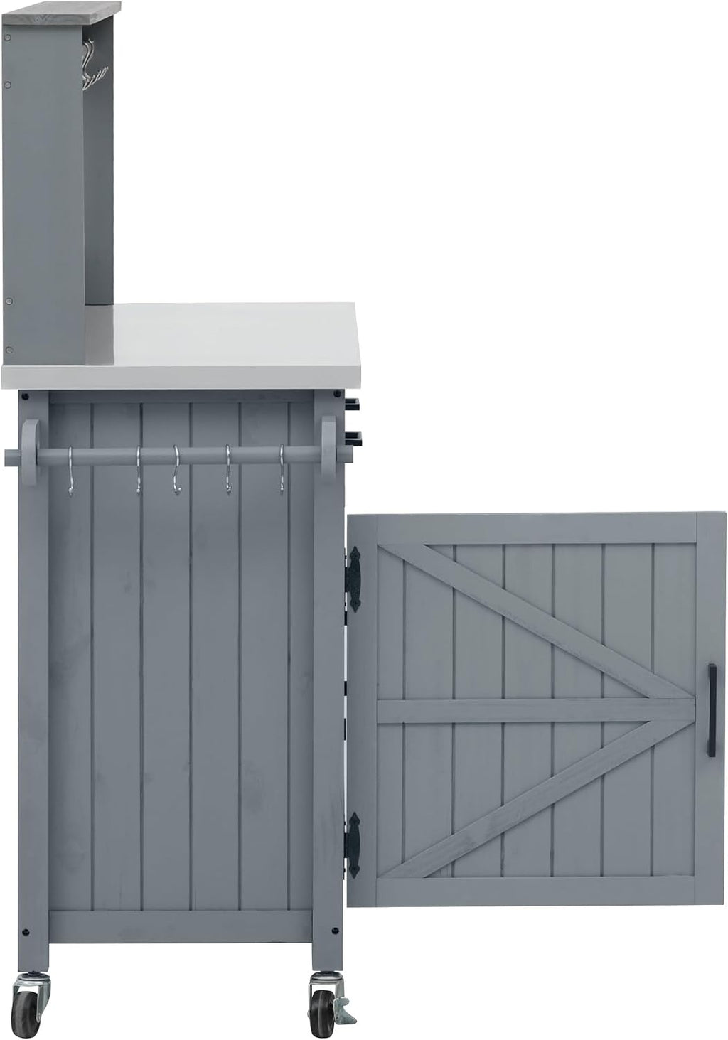 54.1' Outdoor Kitchen Island with High Shelf – Large Potting Bench Table Featuring Stainless Steel Top, Solid Wood Grill Cart, Lockable Wheels & Smart Storage for BBQ, Garden(Grey Blue)