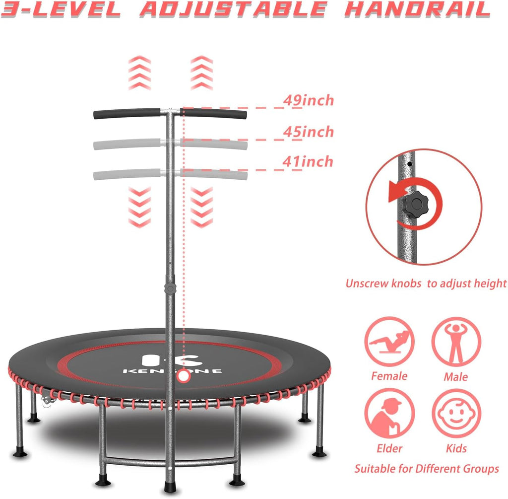 K KENSONE 40/48' Low-Impact Rebounder Trampoline for Adults with Bungee, 450/550LBS Quiet Mini Exercise Trampoline with Adjustable U/T-Shaped Foam Handle Bar, Fitness Equipment for Indoor/Gym Workout