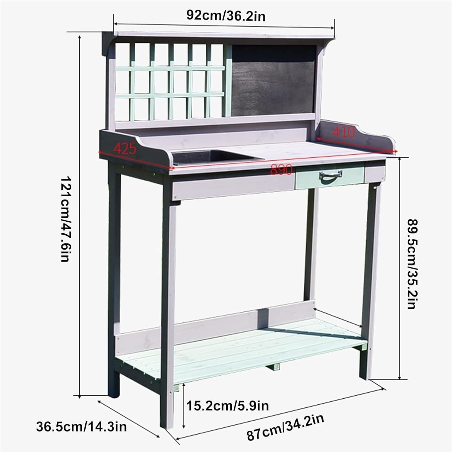 Potting Bench Table,Garden Potting Table, Outdoor Garden Potting Table Garden Work Bench Potting Bench Table for Patio Backyard and Porch with Cabinet Drawer Open Top & Lower Shelf, Gray
