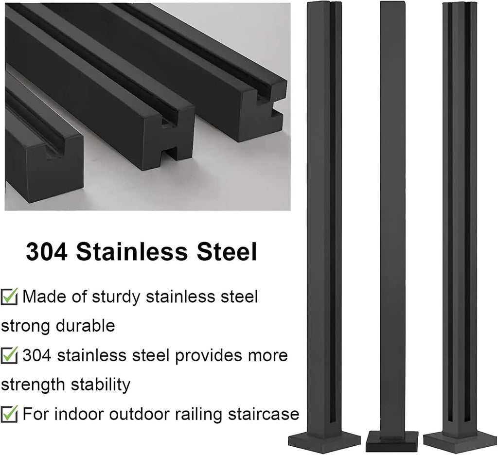 Black Glass Railing Post, 304 Stainless Steel Glass Railing with Spigot Slots & Base, Heavy-Duty Glass Clamp Bracket for Deck Balusters, Balcony, Patio, Stairs(Corner Post,Height-75cm/29.5in)
