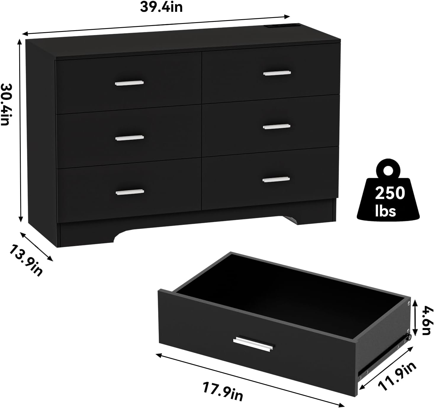 FJTJBSI Dresser with Power Outlets Wooden 6 Drawer Dresser with USB and Type C Port Chest of Drawers for Bedroom Tall Black Organizer Storage for Living Room Hallway Closet