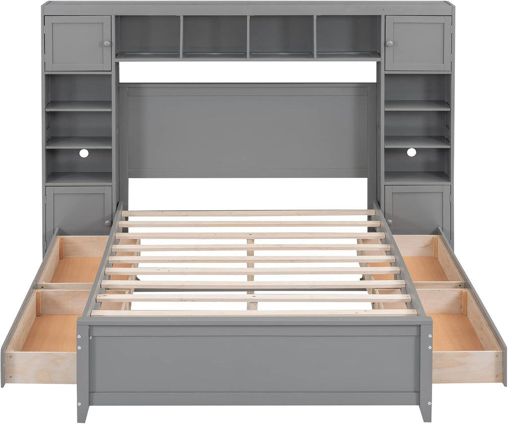 Harper & Bright Designs Full Size Wood Bed Frame with Bookcase Headboard,Open Shelves,4 Drawers and Cabinet,Space Saving Storage Platform Bed for Kids Teens Adults,No Box Spring Needed,Gray