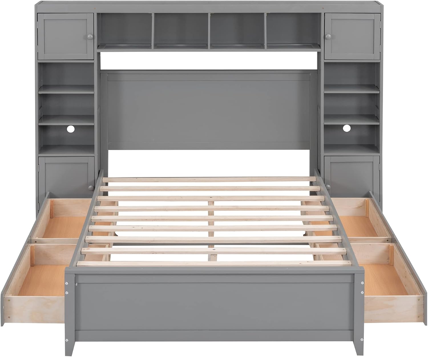 Harper & Bright Designs Full Size Wood Bed Frame with Bookcase Headboard,Open Shelves,4 Drawers and Cabinet,Space Saving Storage Platform Bed for Kids Teens Adults,No Box Spring Needed,Gray