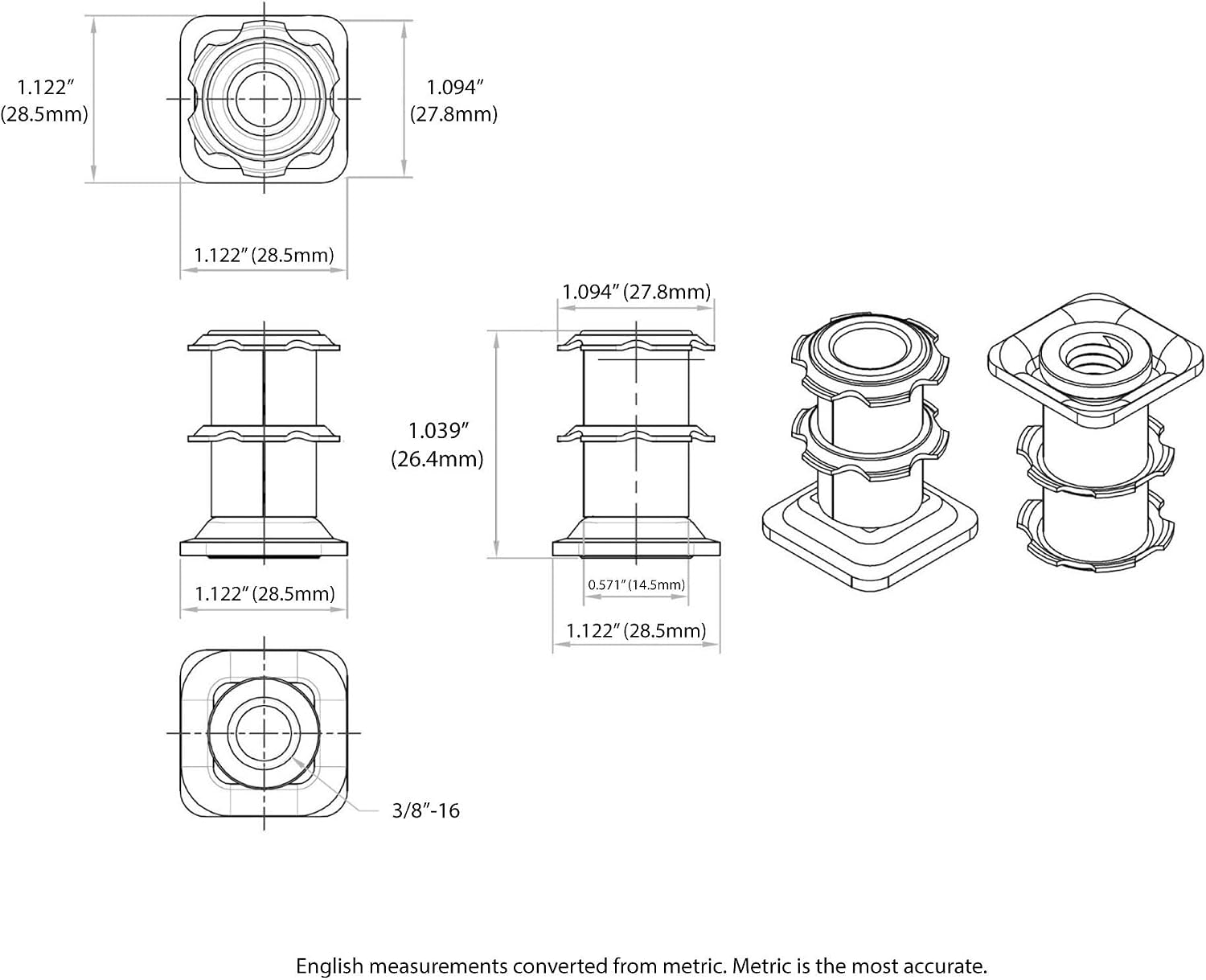 Outwater Industries Double Star Threaded Caster Insert | Heat Treated Steel | Fits 1-1/8 Inch Square 16-18 Gauge Tube | Thread: 3/8-16 | 100 Pack