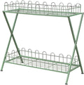 Garden Plant Stand,Outdoor Potting Bench Table,Old Balcony Iron Flower Stand with Fence,2 Tier Metal Waterproof Plant Shelf,for Living Room Patio Home Decor,Green