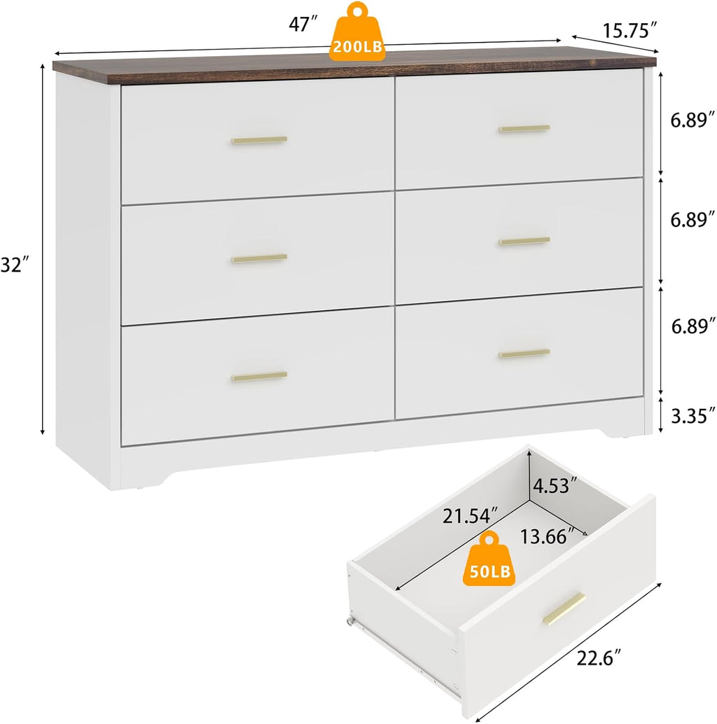 LIDYUK White Dresser for Bedroom, 6 Drawer Dressers & Chests of Drawers, Modern Wood Dresser, 48 Inches Wide Chest of Drawers for Bedroom, Hallway, Living Room