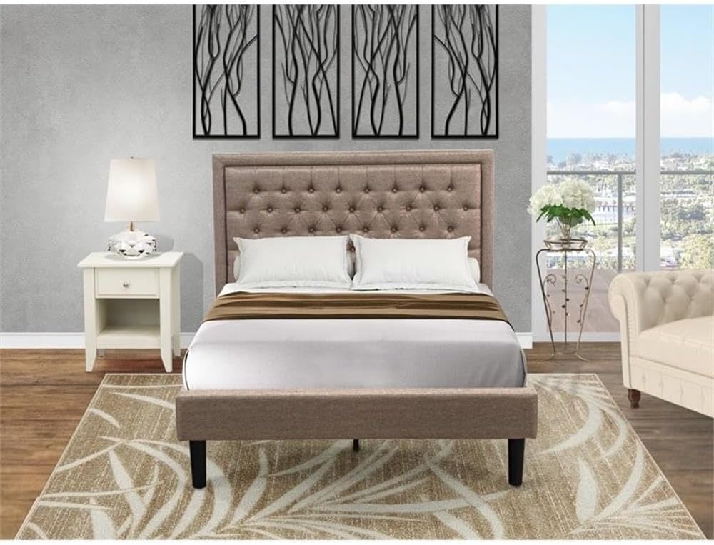 East West Furniture KD16F-1GA0C 2 Pc Full Bedroom Set - 1 Full Size Bed Frame Dark Khaki Linen Fabric Padded and Headboard with 1 Nightstand Bedroom - Wire Brushed Butter Cream Finish Nightstand