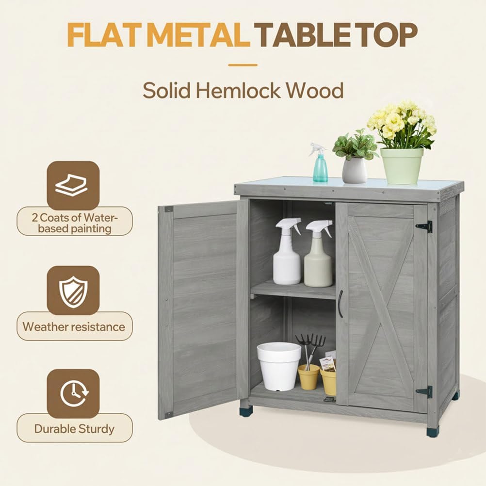 Garden Potting Bench Table, Outdoor Storage Cabinets Weatherproof Storage Cabinet with Metal Table Top Garden Furniture Wood Workstation for Outdoor Patio
