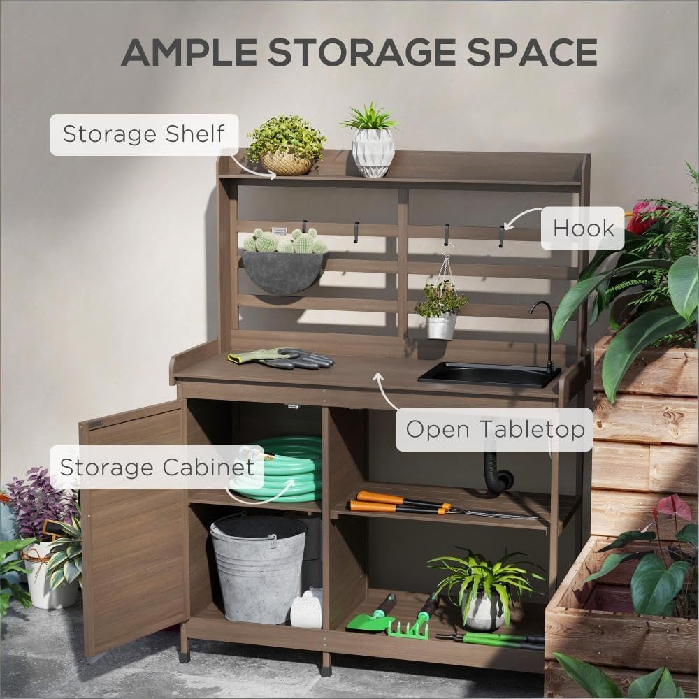 Premium Wooden Potting Bench with Built-in Sink, Adjustable Shelf, Tool Hooks, and Ample Storage for Gardeners (Dark Brown + Wood)