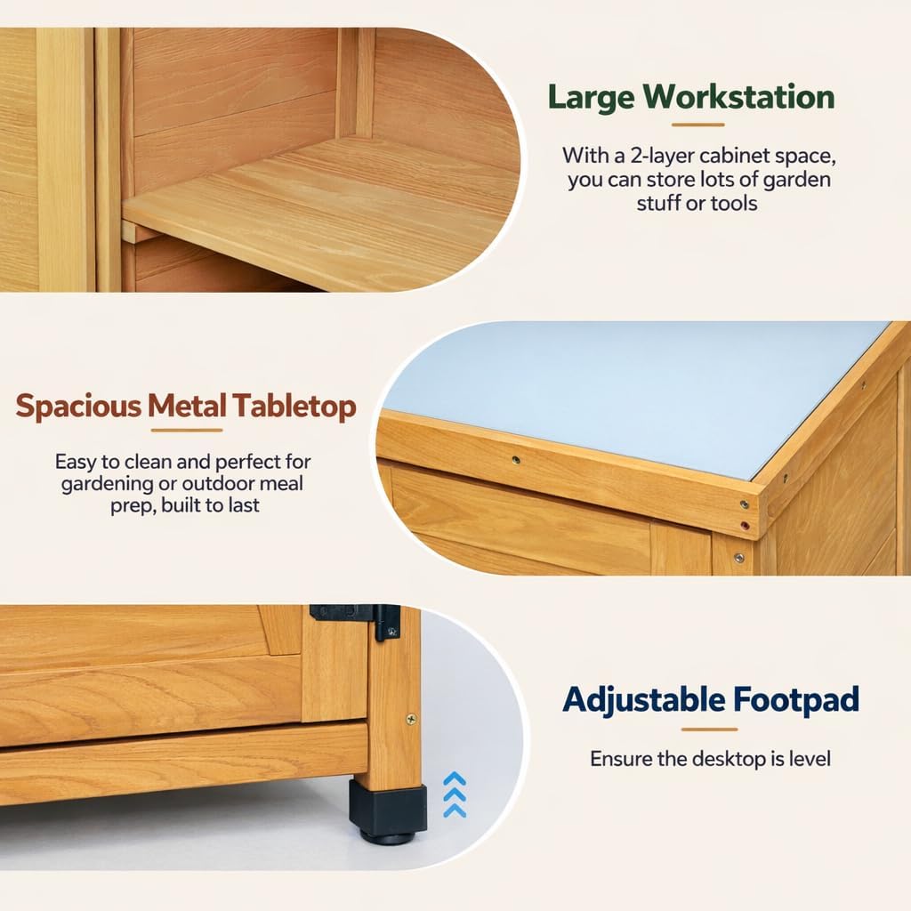 Potting Bench with Storage Cabinet & Metal Top, Solid Wood Hemlock Outdoor Work Station Table, X-Shape Sturdy Design, Magnetic Door, Gray/Light Brown, 31'x17'x36' (Light Brown)