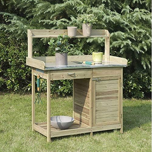 Natural Fir Wood Potting Bench with Galvanized Steel Table Top