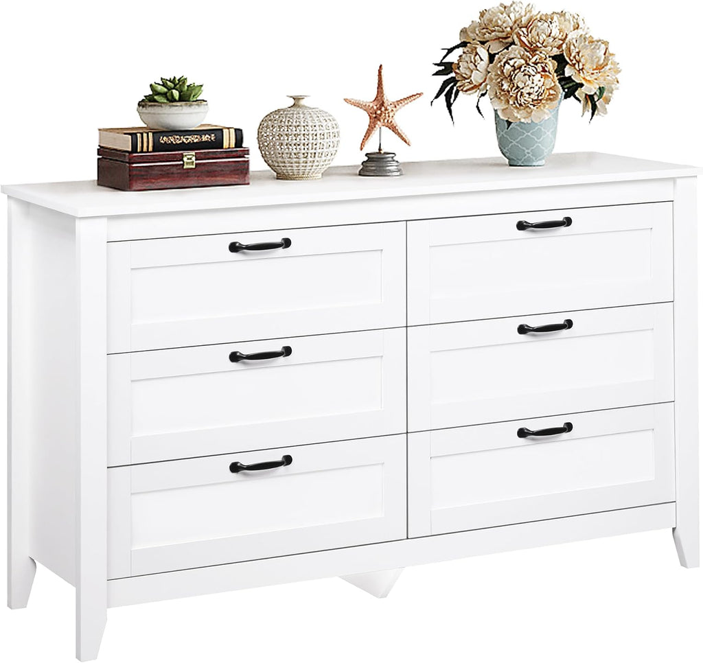 WLIVE White Dresser for Bedroom, 6 Drawer Wood Dresser with Metal Handle, Large Double Wooden Chest of Drawers for Living Room, Hallway, Closet