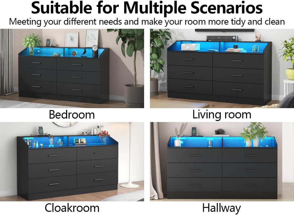 Gyfimoie 6 Drawer Dresser with Charging Station, Dresser for Bedroom with LED Light, Chest of Drawers for Closet, Modern Dressers with Open Storage Cubby, Double Wide Dressers for Living Room (Black)