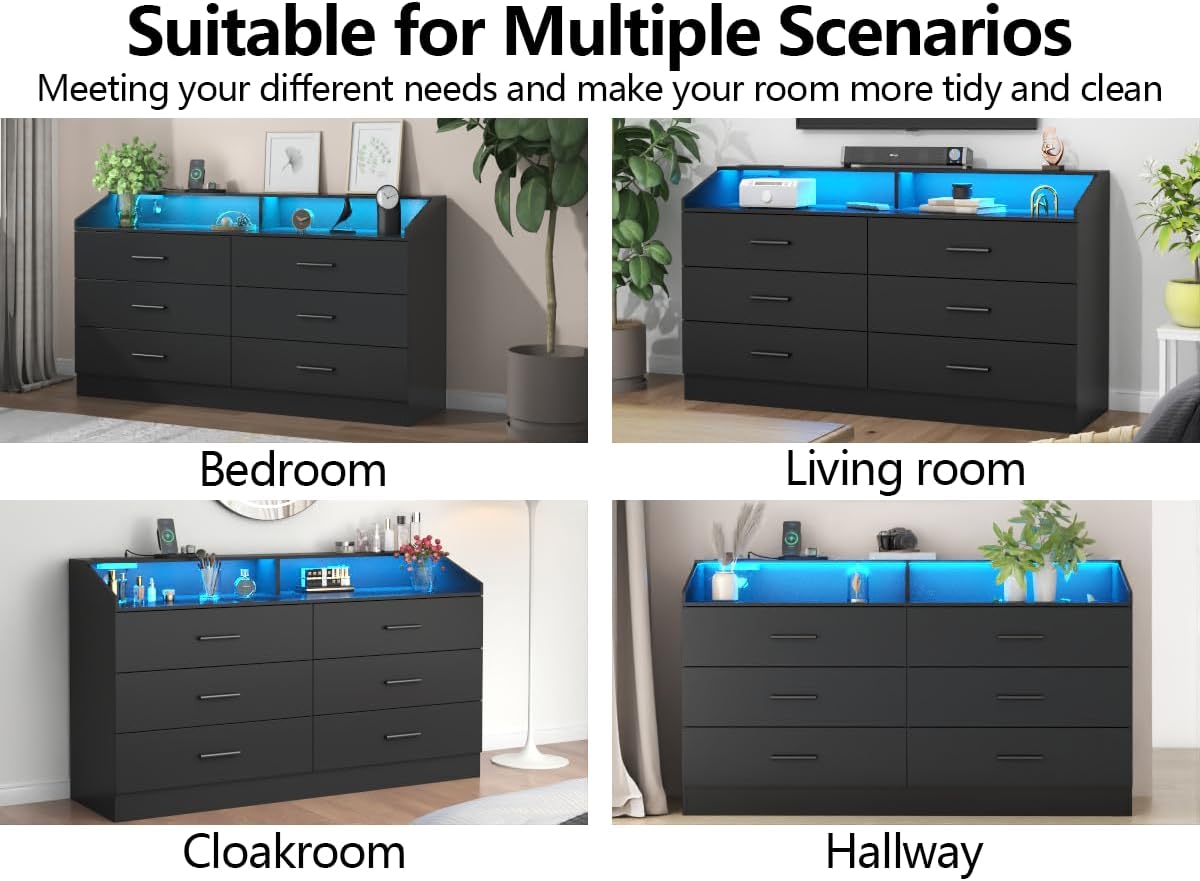 Gyfimoie 6 Drawer Dresser with Charging Station, Dresser for Bedroom with LED Light, Chest of Drawers for Closet, Modern Dressers with Open Storage Cubby, Double Wide Dressers for Living Room (Black)