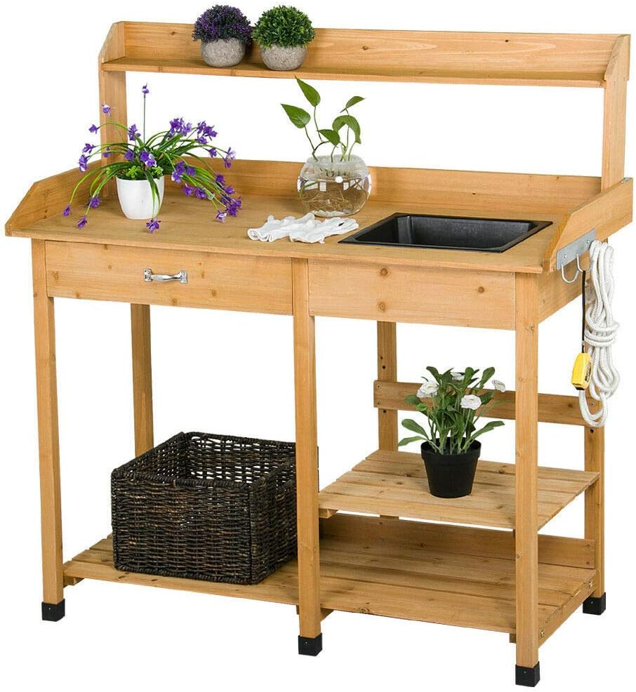 Wood Workbench Planting Table Potting Bench Garden Shelf Outdoor Storage w/Sink with Ebook