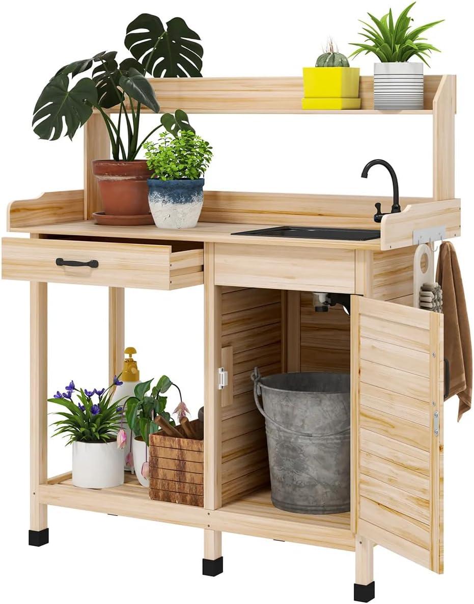 Outdoor Potting Bench with Storage Cabinet, Sink, Faucet and Hooks (Natural, 44.5' Length)