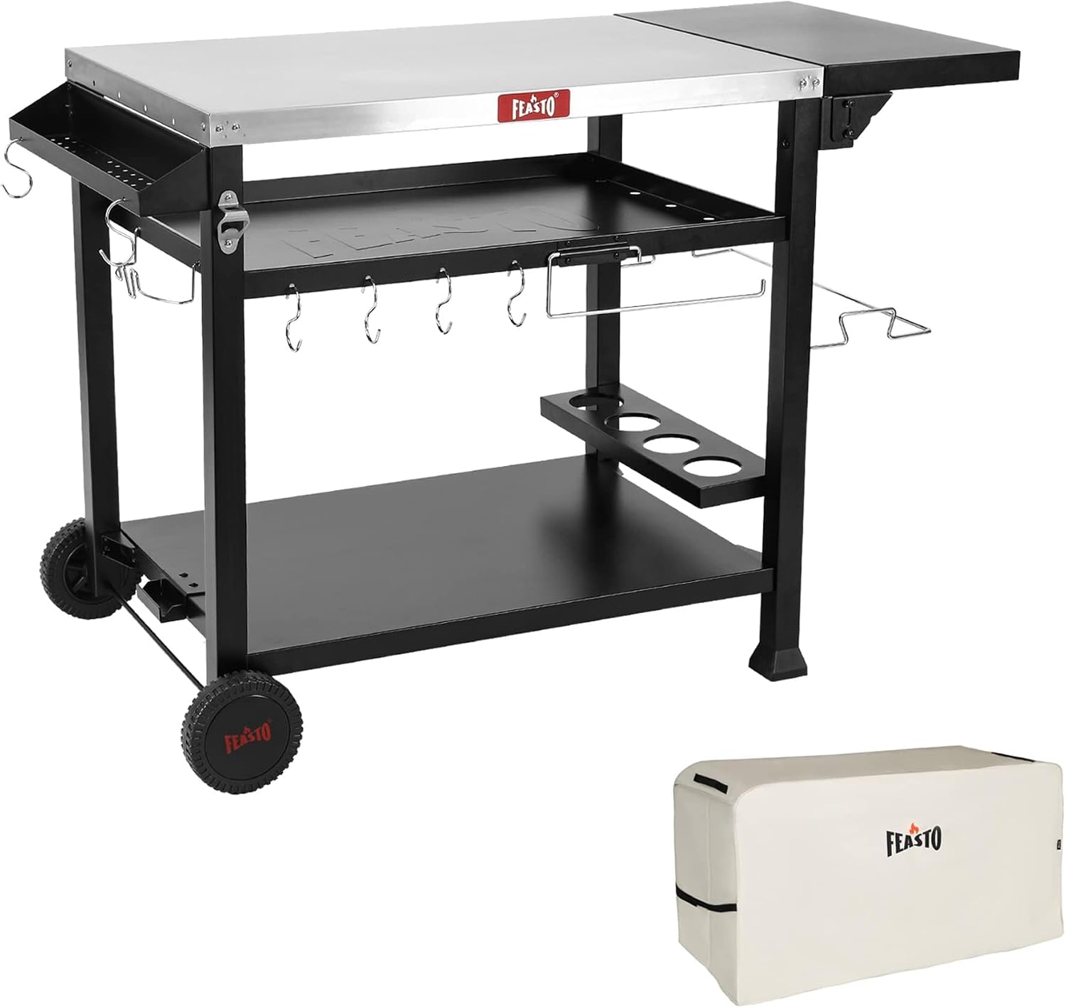 Feasto 40x26 Grill Cart, Stainless Steel Top, 3-Shelf with Wheels & Cover | Pizza Oven Table, Pizza Oven Stand, BBQ Grill with Wheels for Food Prep, Outdoor & Indoor, Dining, Kitchen Cart Table