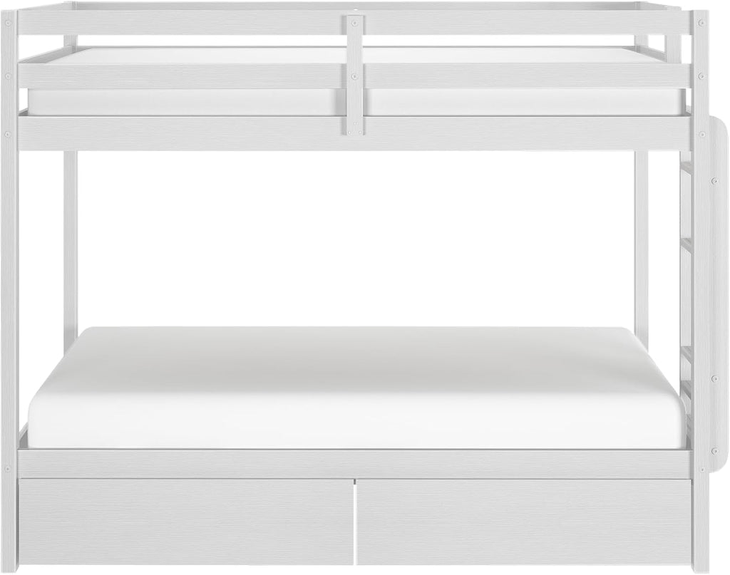 Grain & Grove Bear Twin Over Twin Bunk Bed with Storage Drawers, Sturdy Bunk Bed Frame for Kids, Plywood Bunk with Ladder, Guardrail, and Slats, No Box Spring Required, Brush White
