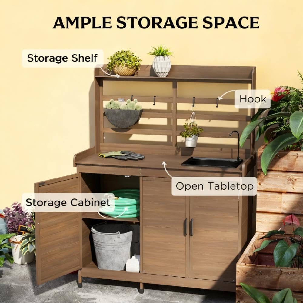 GOWE Potting Bench,Wooden Potting Bench with Storage, Sink, Water Tap