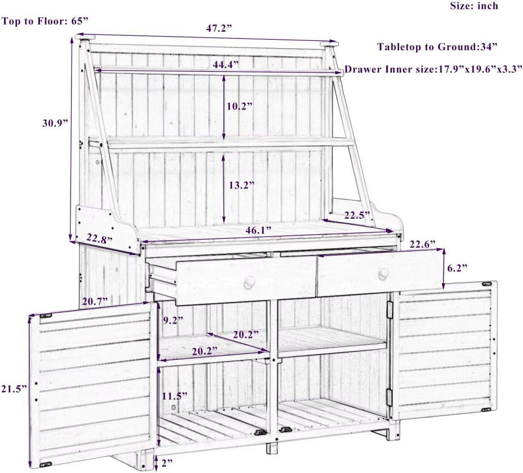 JIJIWANG 65' Garden Potting Bench Table, Fir Wood Workstation with Storage Shelf, Drawer and Cabinet, Brown