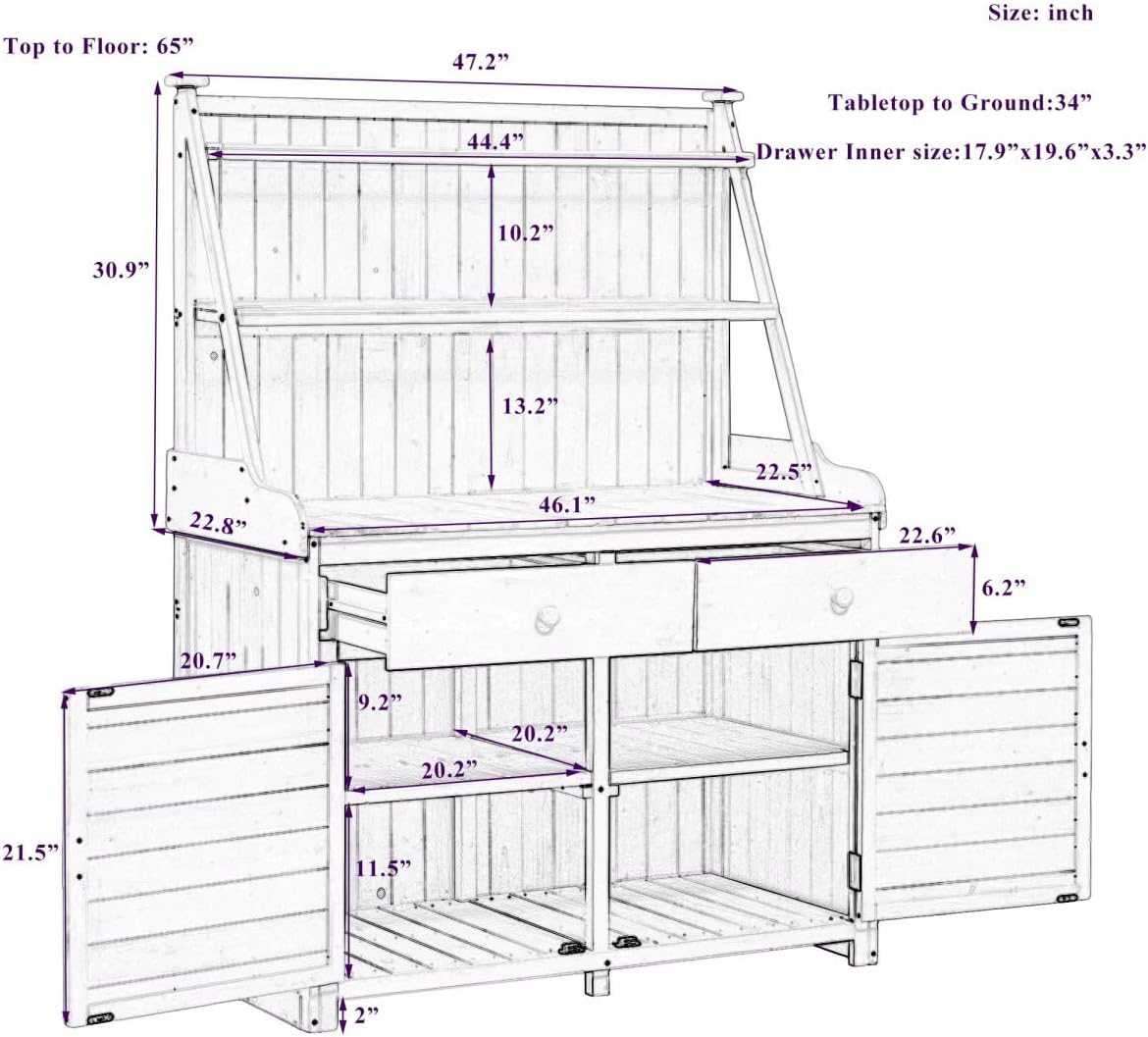 JIJIWANG 65' Garden Potting Bench Table, Fir Wood Workstation with Storage Shelf, Drawer and Cabinet, Brown