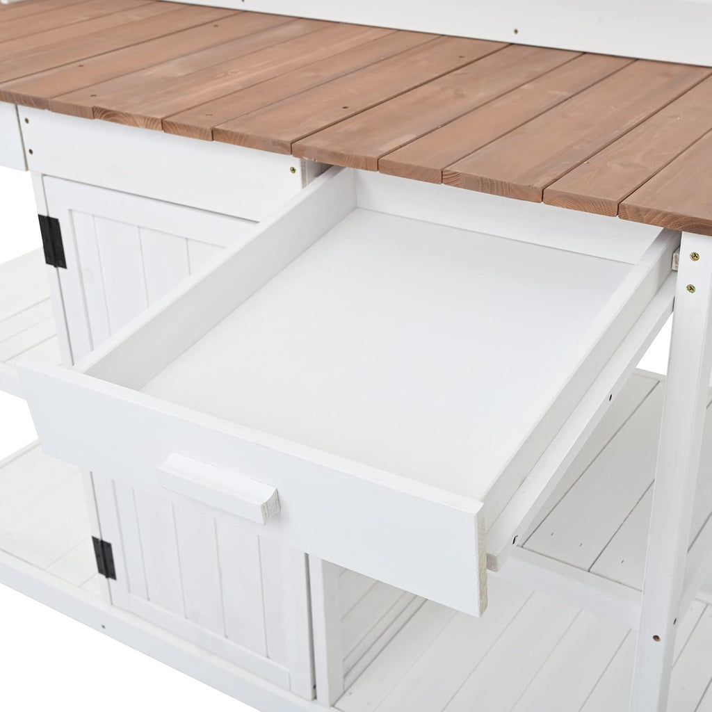 66' Large Outdoor Farmhouse Wooden Potting Bench Table, Garden Workstation with 2 Drawers, Cabinet and Open Shelves for Backyard, Mudroom (White)