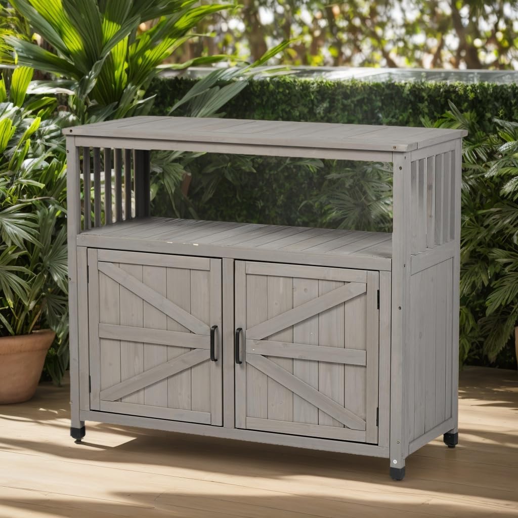 Wooden Potting Bench, Outdoor Patio Buffet Cabinet Sideboard with 2 Doors and 2 Open Shelves,Anti-Slip Foot Pads for Patio, Backyard, Garden