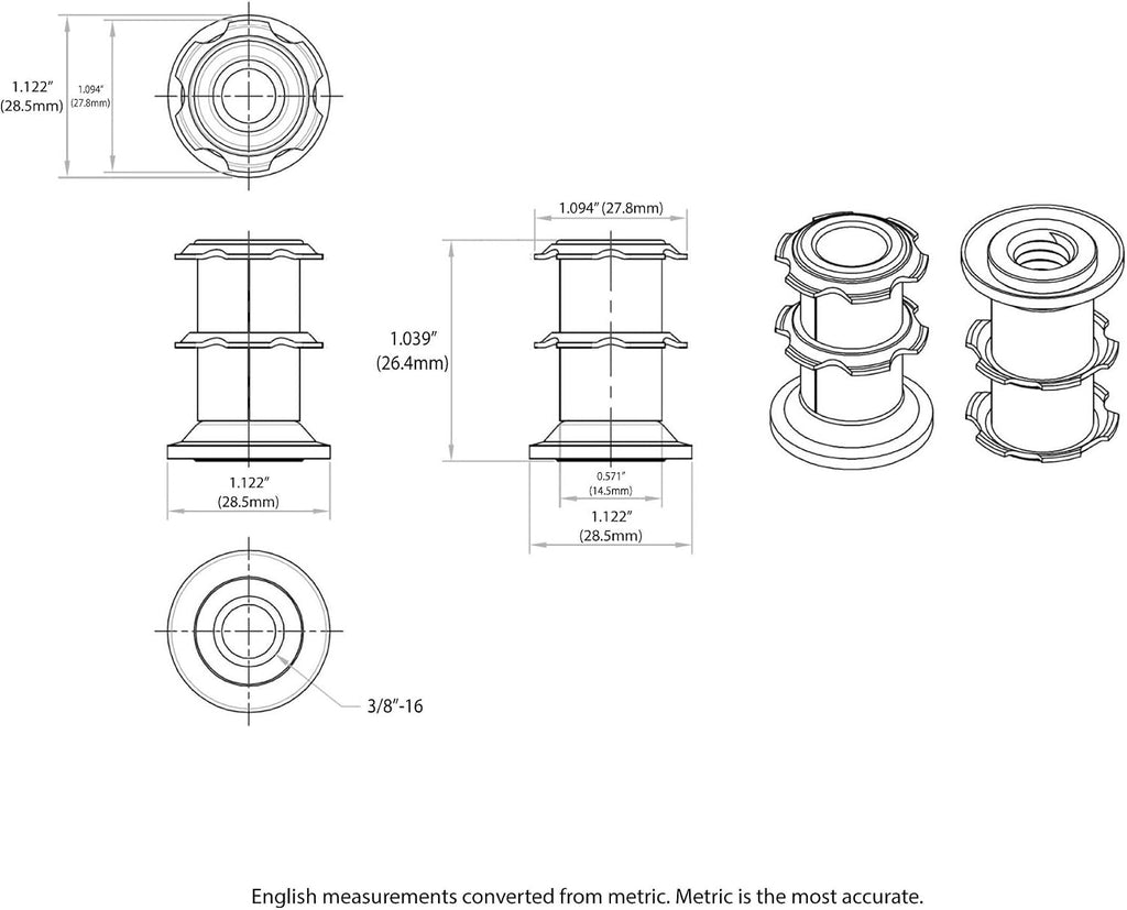 Outwater Industries Double Star Threaded Caster Insert | Heat Treated Steel | Fits 1-1/8 Inch Round 16-18 Gauge Tube | Thread: 3/8-16 | 100 Pack