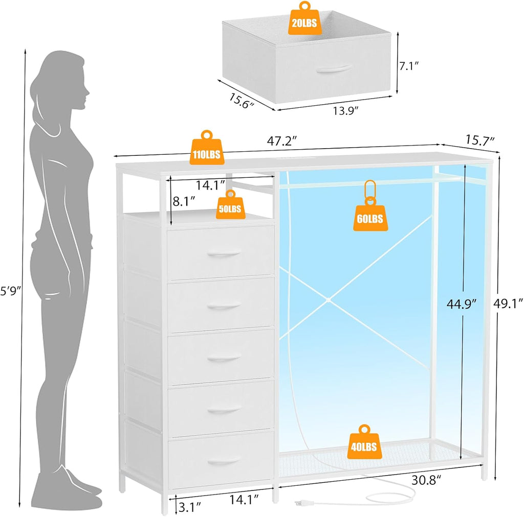 47 Inch White Dresser with LED Lights & Hanging Rack, 5 Drawer Fabric Dresser with Charging Station and Shelves, Tall Closet Organizer for Bedroom Clothes Storage