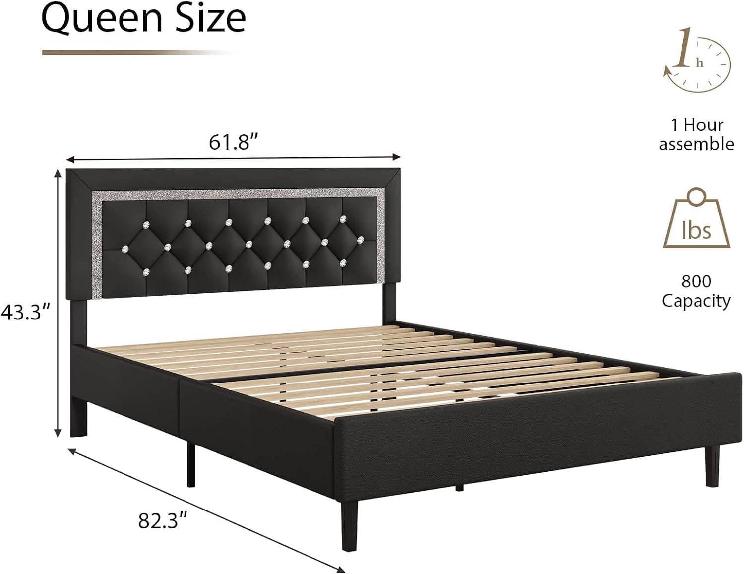 BarnFurin Queen Bed Frame with Tufted Button Headboard, Upholstered Platform Bed Frame with Diamond Design, Wood Slat Support, No Box Spring Needed, Easy Assembly, Black