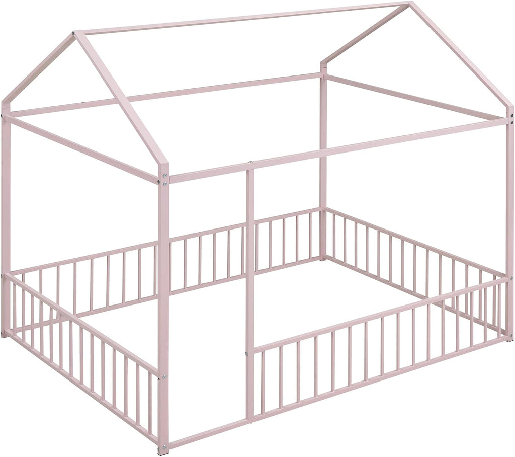 Bellemave Full Size House Floor Montessori Bedframe with Rails and roof, Metal House Bed for Kids, Montessori Floor Beds for Kids White