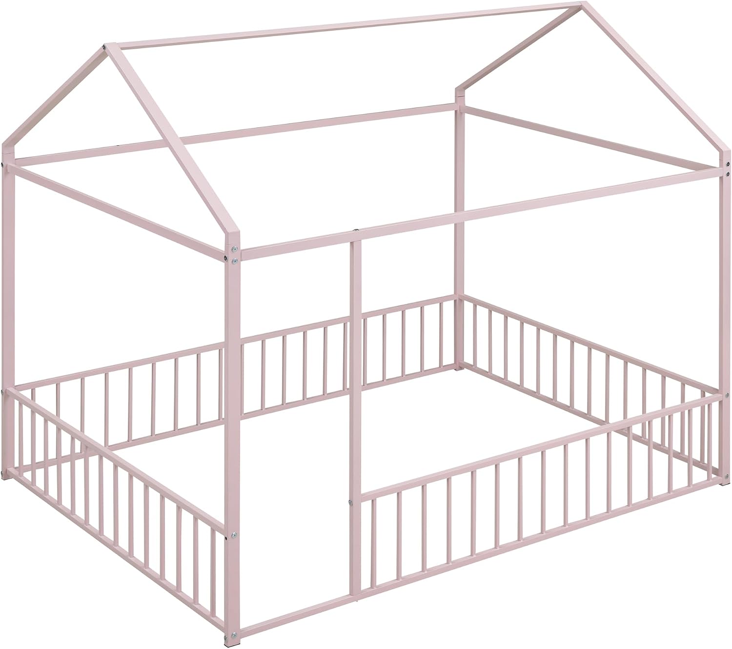 Bellemave Full Size House Floor Montessori Bedframe with Rails and roof, Metal House Bed for Kids, Montessori Floor Beds for Kids White